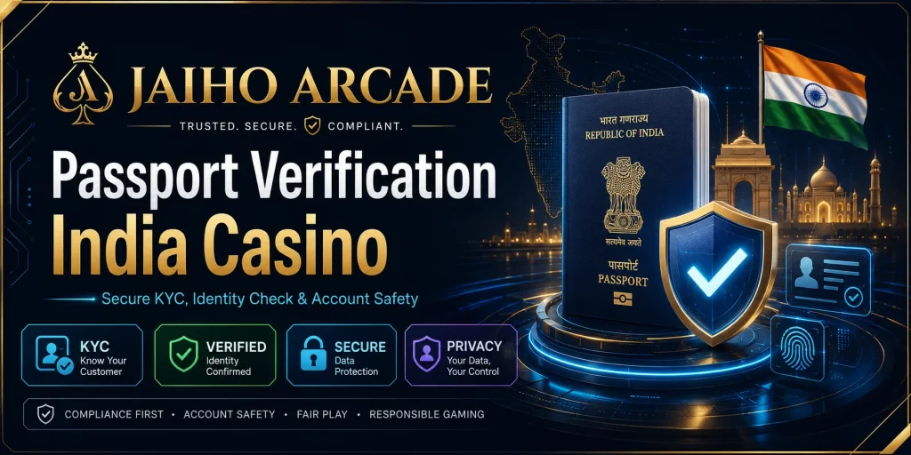Jaiho Arcade banner for Passport Verification India Casino article with Indian passport, KYC shield, identity check icons, Indian flag, and secure account verification visuals.