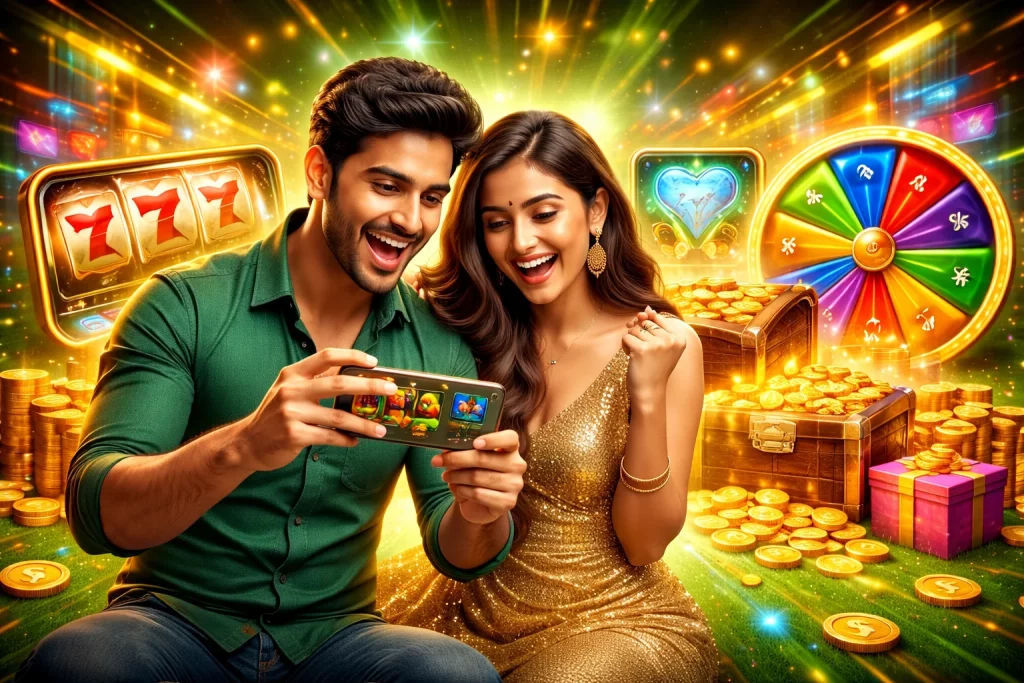 Indian couple playing arcade-style casino game on smartphone with glowing slot machines, bonus wheel and gold coins in a vibrant neon gaming environment